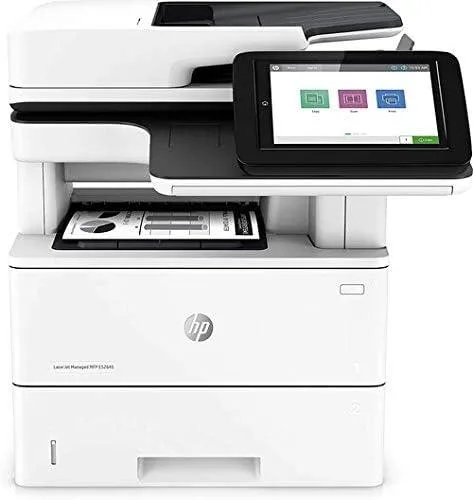 Large white office multifunction printer with 8.0 inch colour touchscreen and paper trays