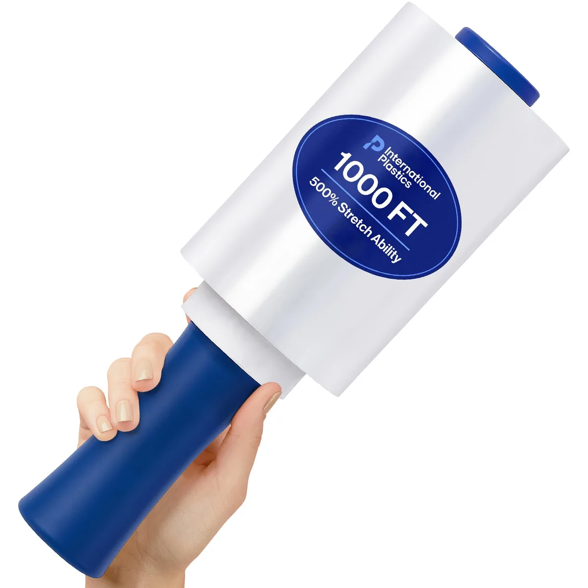 Clear plastic stretch wrap roll with black rotating handle