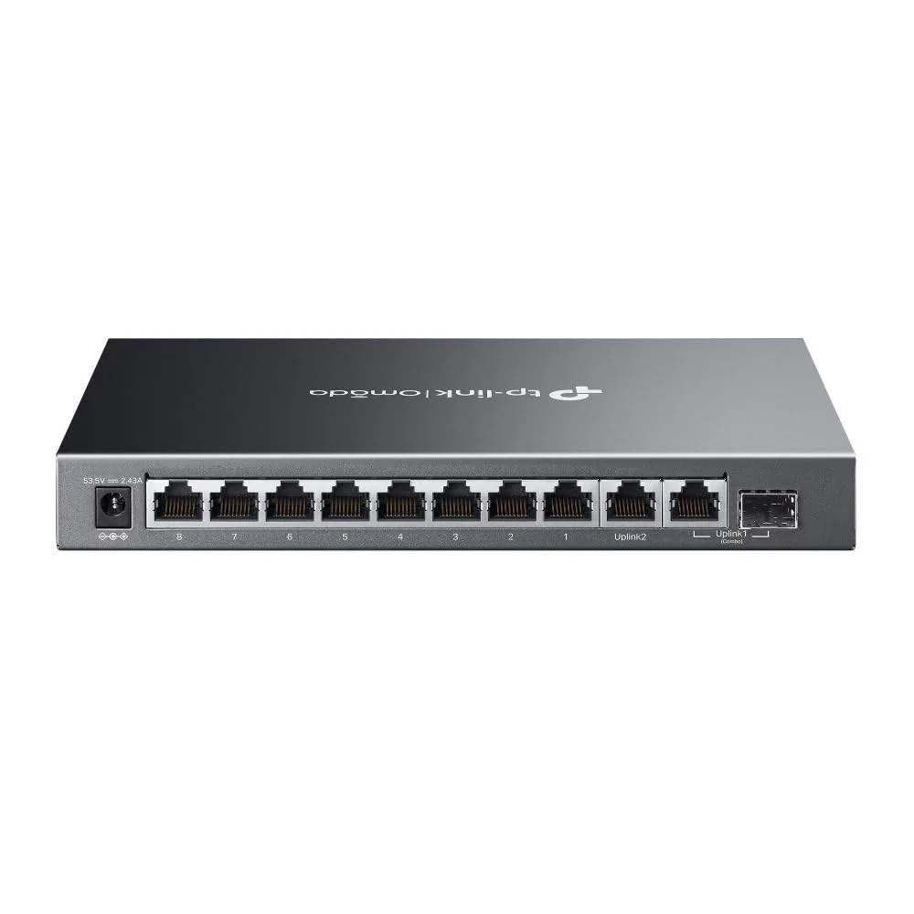Silver metal network switch with ten Ethernet ports and SFP combo port