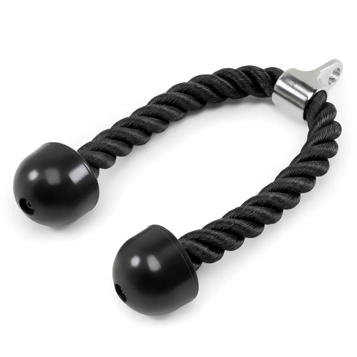 Black braided nylon triceps rope with rubber hand stops and metal eye bolt