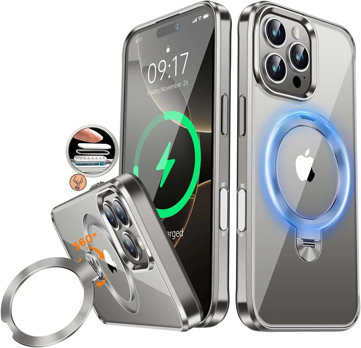Clear case for iPhone 16 Pro Max with electroplated titanium frame and CD metal ring stand