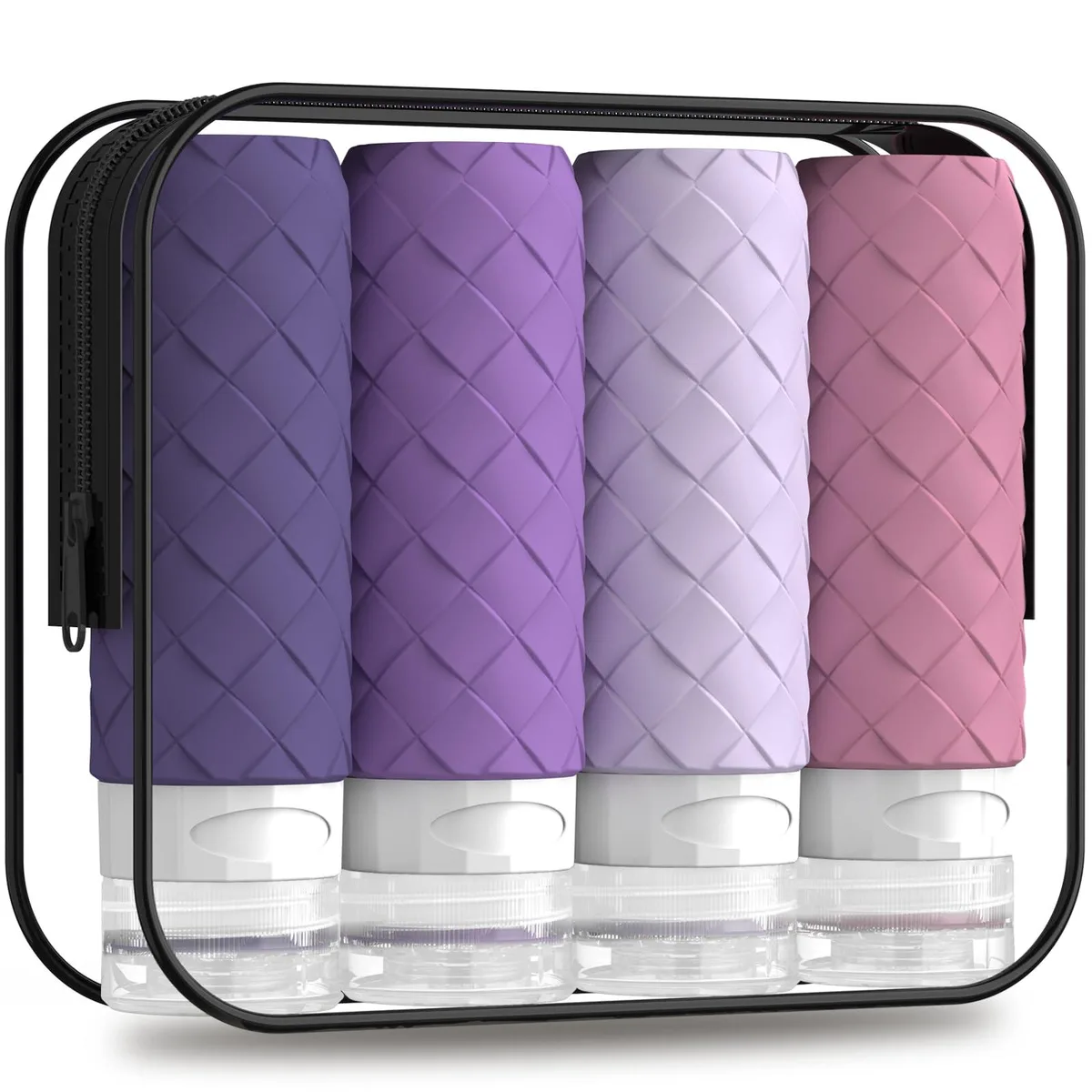 Purple 3oz 90ml silicone travel bottle with textured grip and flip cap