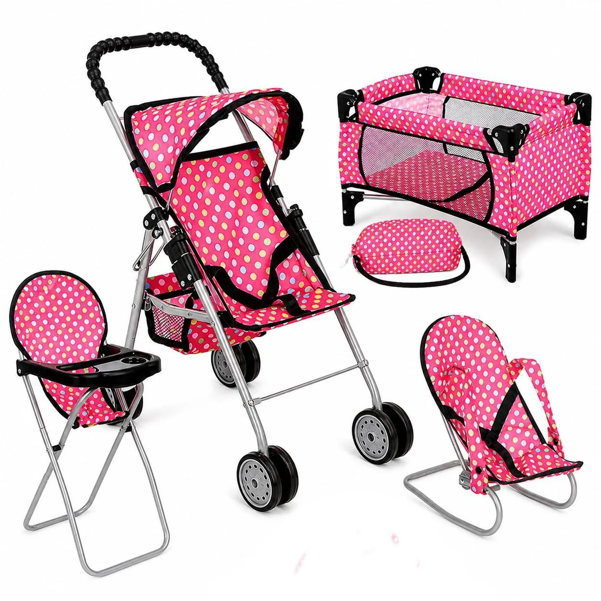 fash n kolor 4 Piece Doll Play Set with Stroller High Chair Pack N Play Infant Seat Fits 18 Inch Dolls — product photo