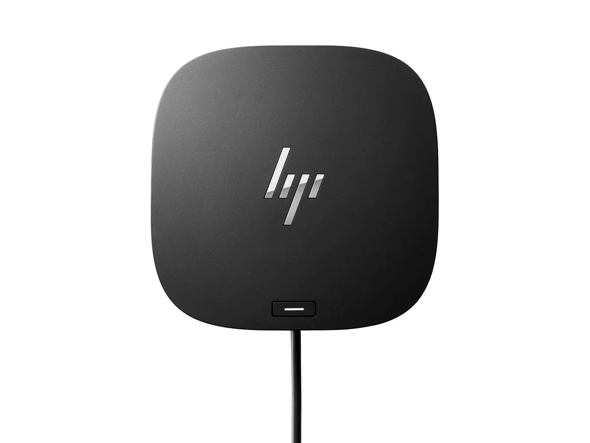 Square black docking station with rounded edges and a compact footprint