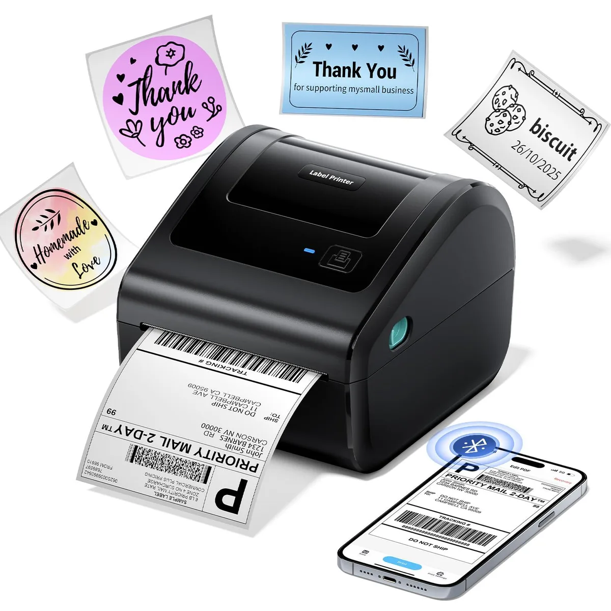 White rectangular thermal label printer with top label roll compartment and front control panel