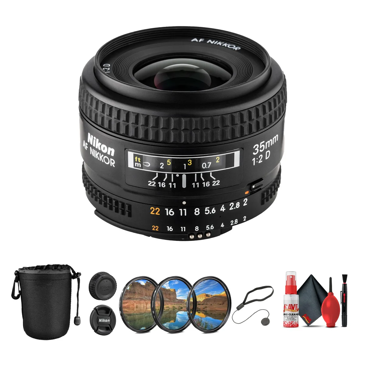 Nikon Inc Nikon AF NIKKOR 35mm f/2D camera lens 52mm filter kit bundle — product photo
