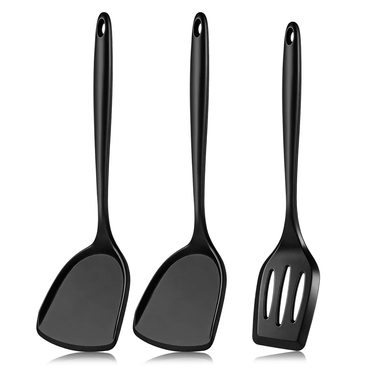 Three silver silicone spatulas with bamboo handles, 12.59 in long