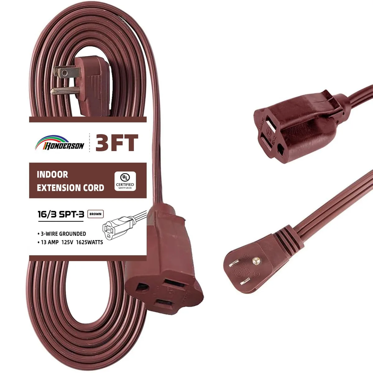 HONDERSON 3 ft Brown Flat Plug Extension Cord 16 AWG 13A 125V — product photo