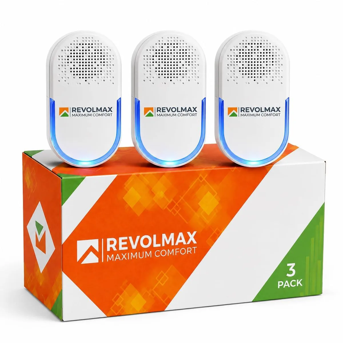 Three white plug-in ultrasonic pest repellers with night lights