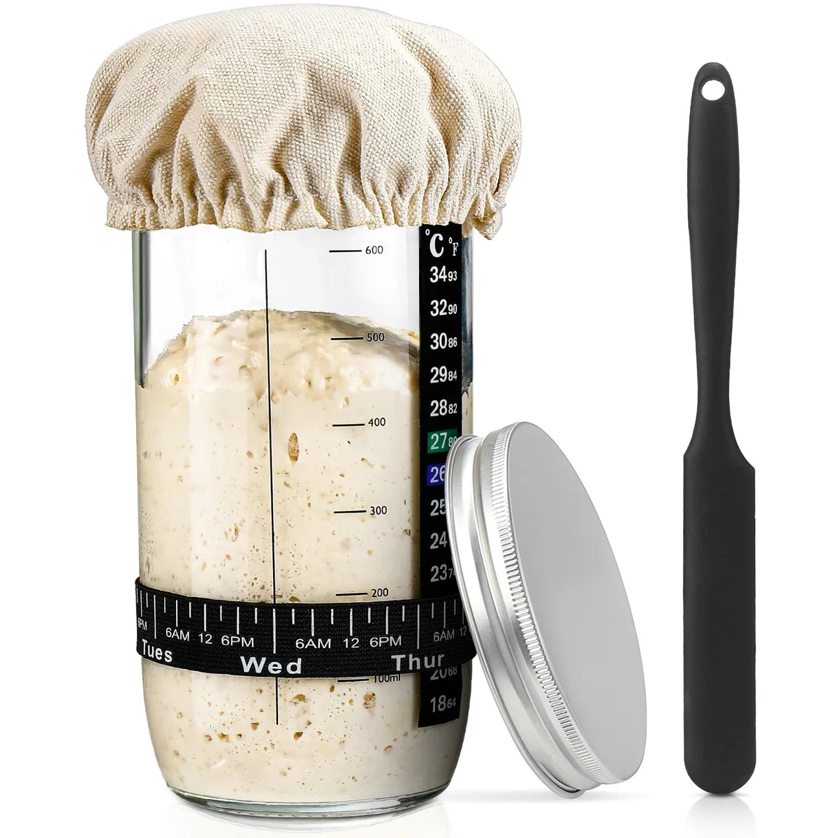 Red 24 oz glass sourdough starter jar with silicone scraper, cloth cover, aluminum lid, thermometer and date band