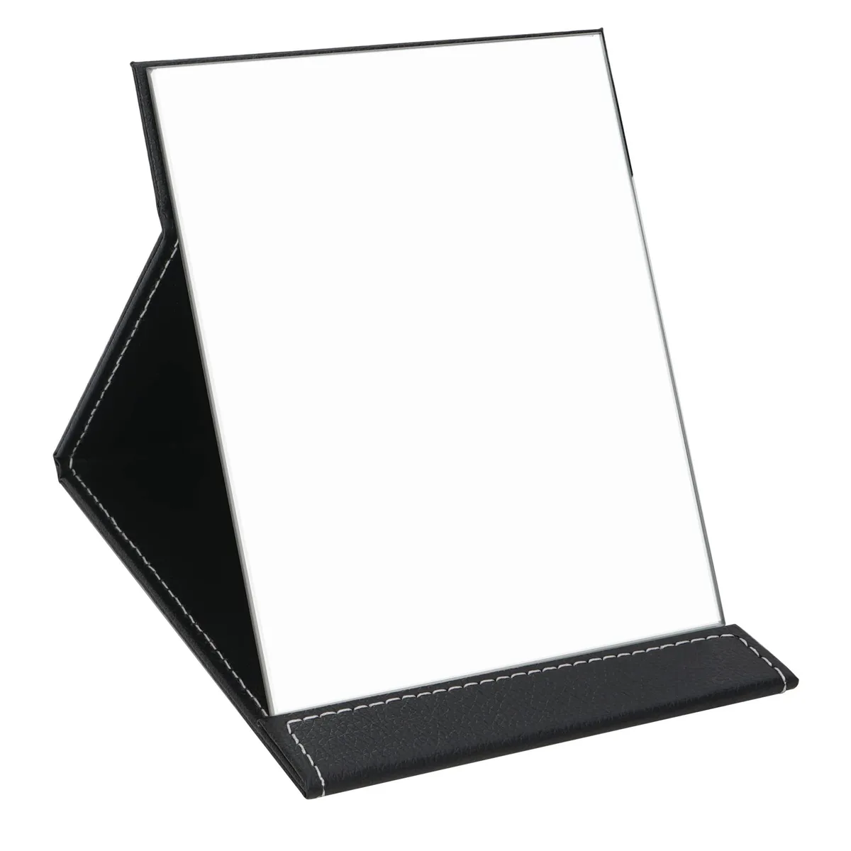 Rectangular folding mirror, brown PU cover, adjustable stand, 4.3 by 2.9 inches