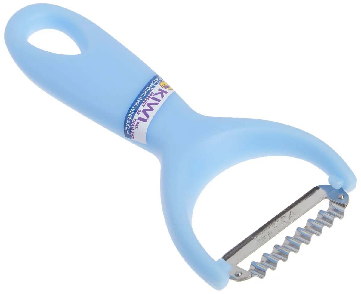 Blue plastic-handled peeler with zigzag stainless steel blade