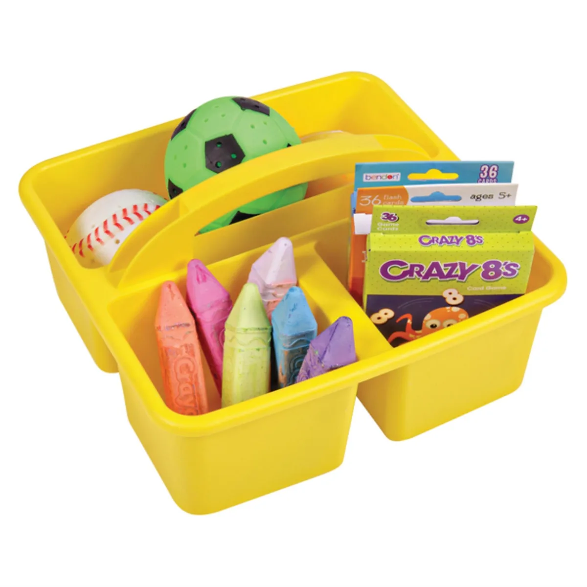 Yellow rectangular storage caddy with three deep compartments and integrated handle