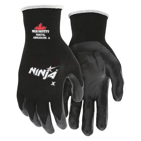 Black bi-polymer coated nylon knit gloves, palm coverage, size S
