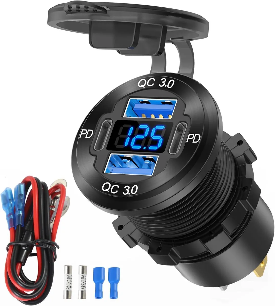Hamzan Hamzan 78W 12V 4-Port Car Charger Dual PD 30W Dual QC 3.0 Voltmeter Waterproof — product photo