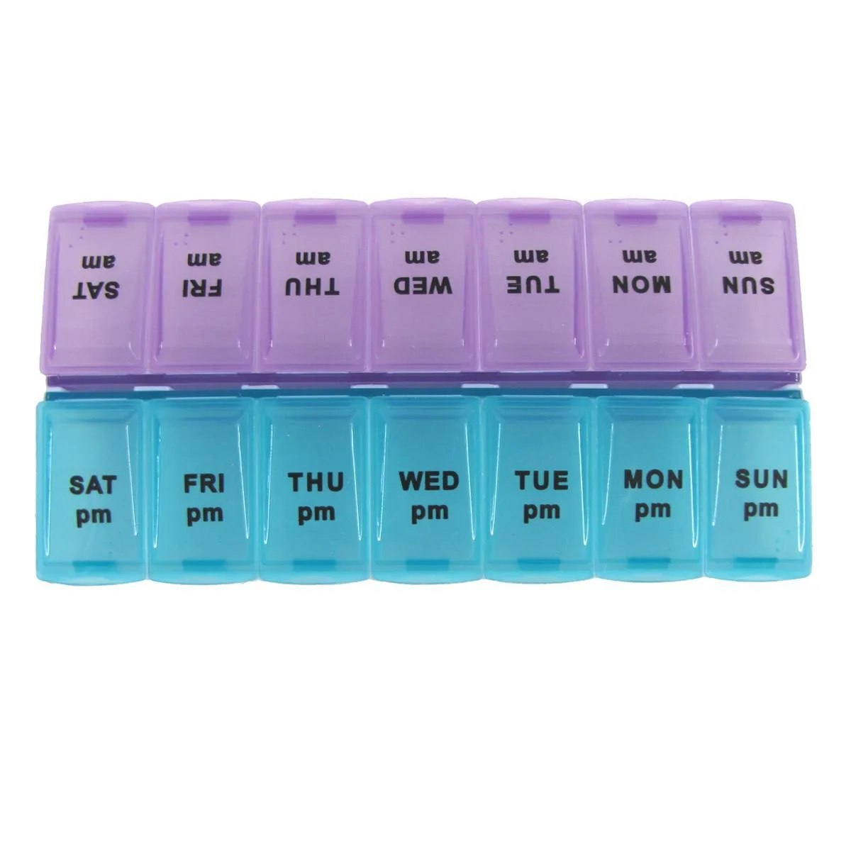 White rectangular pill box with 14 labelled AM PM compartments