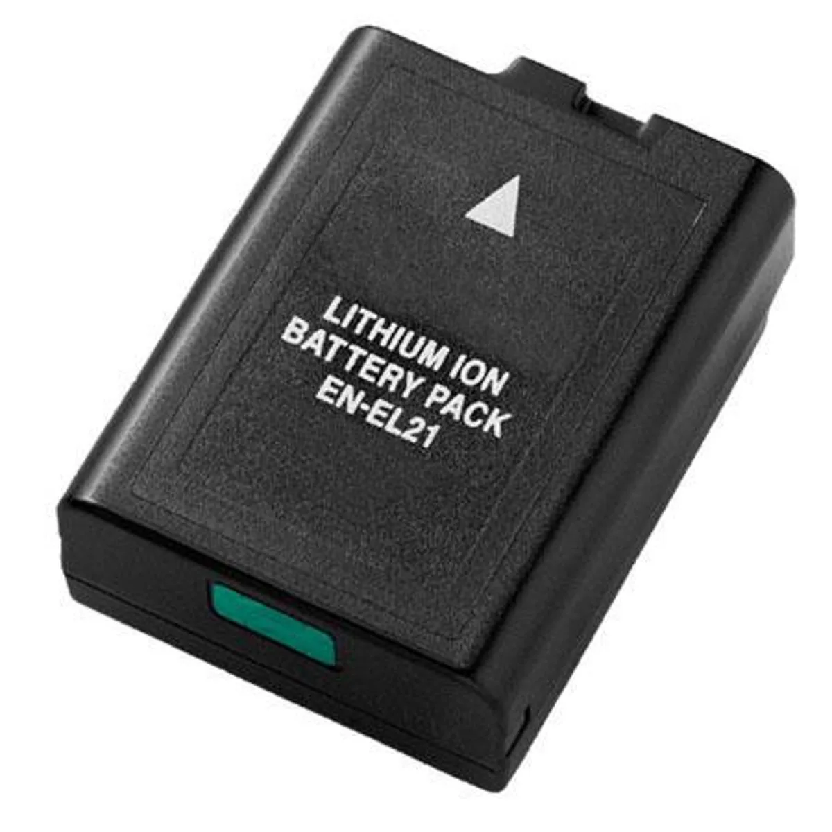 Small rectangular lithium-ion battery pack with dark grey plastic casing and gold contacts