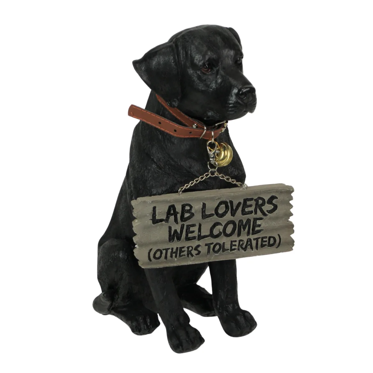 Black resin Labrador statue 13 inches tall with reversible welcome sign and jingle bell collar