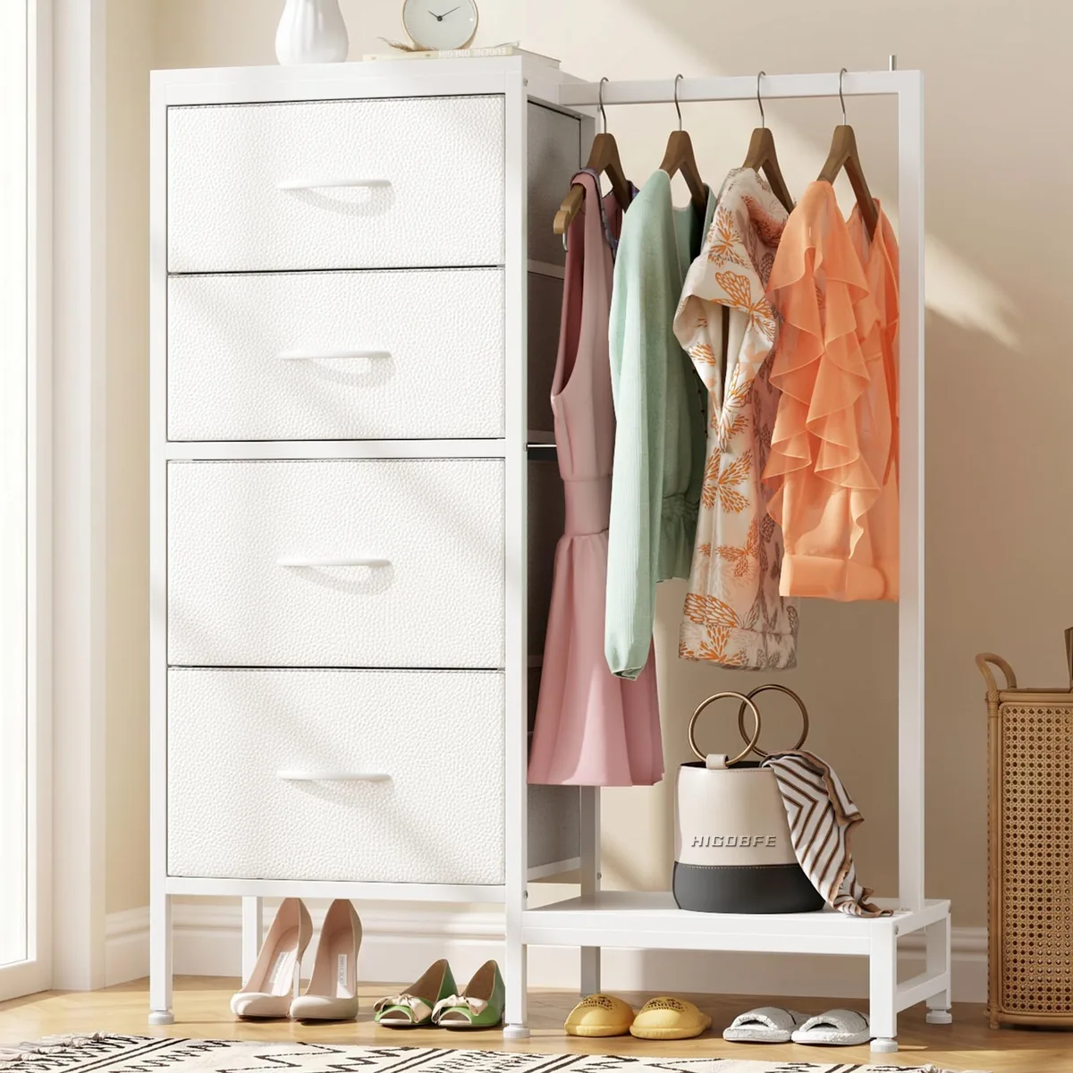 White fabric dresser with hanging rack, four drawers, steel frame