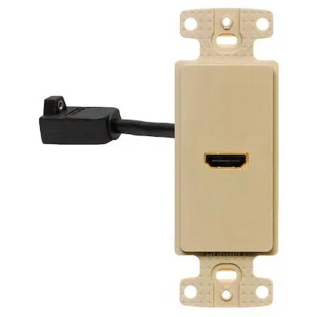 Ivory plastic HDMI wall plate with threaded insert and mounting hardware