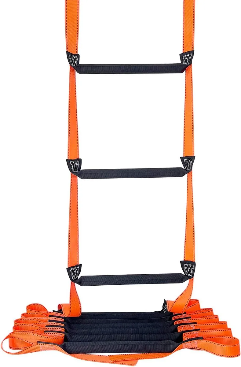 Rope fire escape ladder, 32.8 ft, polyester webbing with solid wooden rungs, 11 lbs, 2300 lb capacity