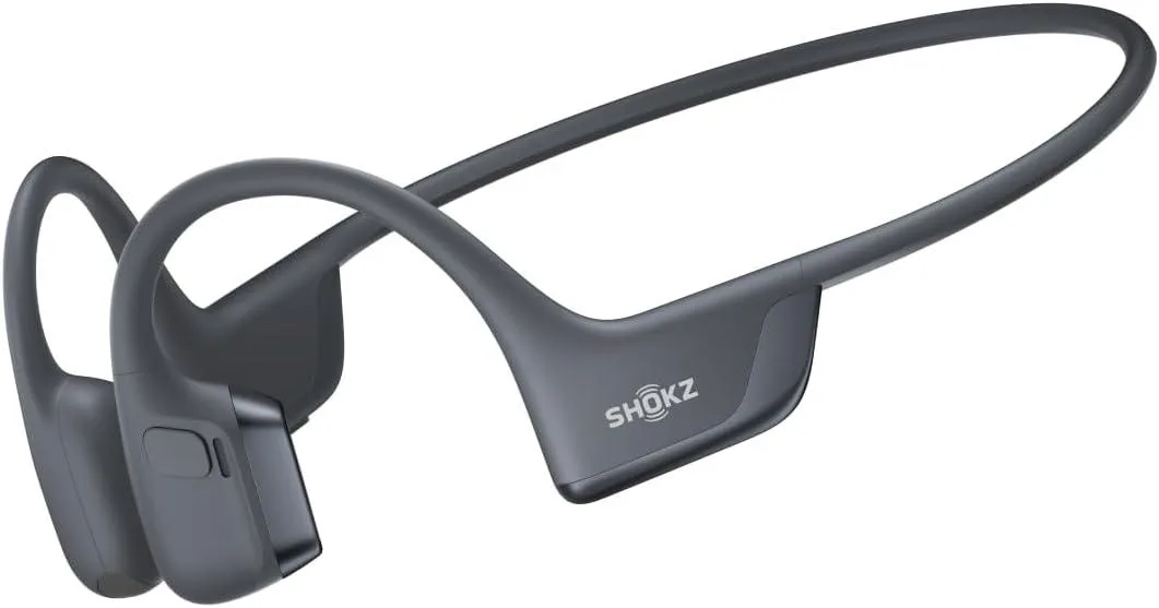 Black open-ear bone conduction headphones with wraparound titanium frame