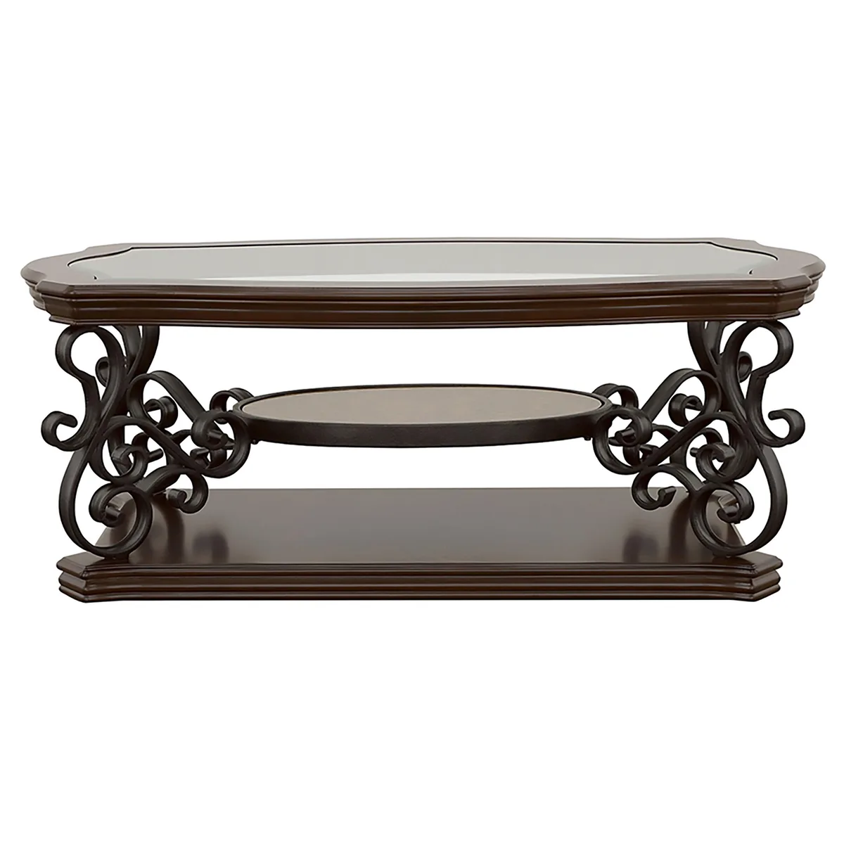 Two-tier coffee table with glass top, brown wood frame and lower shelf