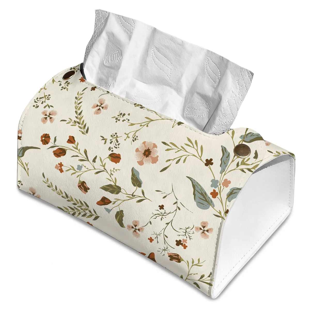 Rectangular tissue box cover with vintage floral print, snap buttons, cat-ear corners