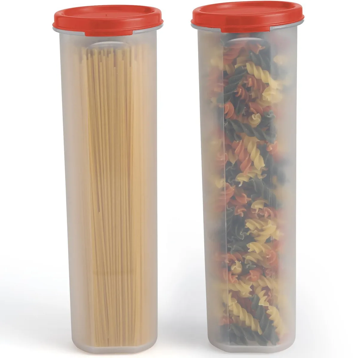 Two tall clear containers with red lids standing side by side
