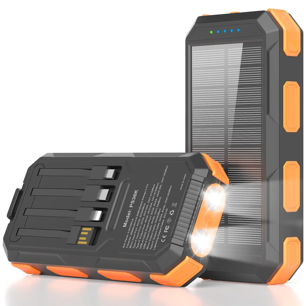 Orange rectangular power bank with four built-in cables and dual LED flashlights, 6.3 by 3.07 by 1.38 inches