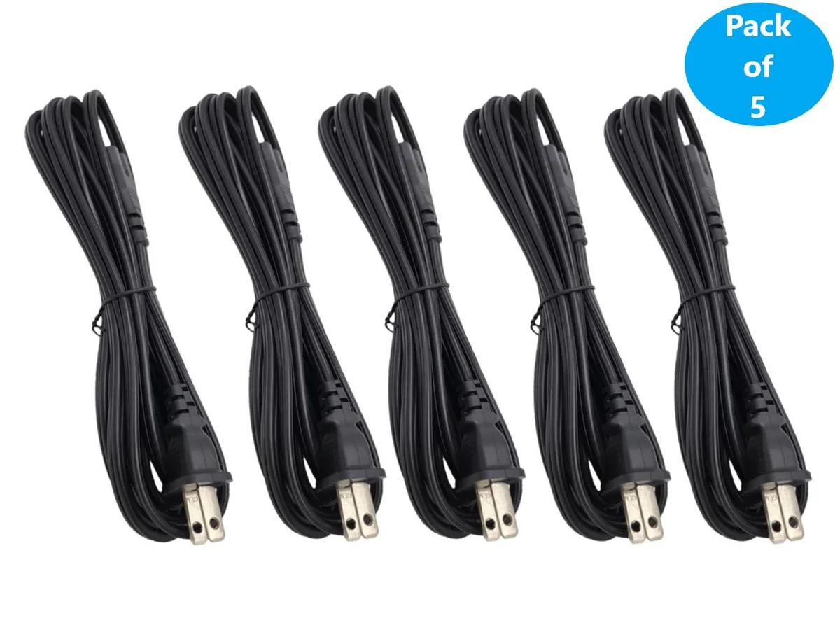 Five black figure-8 power cords coiled together