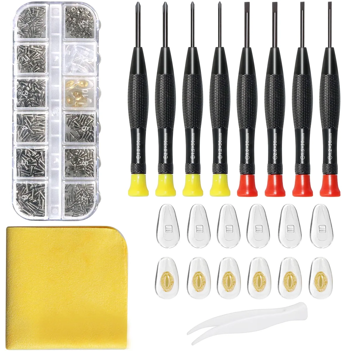  Eyeglass Repair Kit 600 Screws 12 Boxes 18 Sizes 6 Nose Pads — product photo