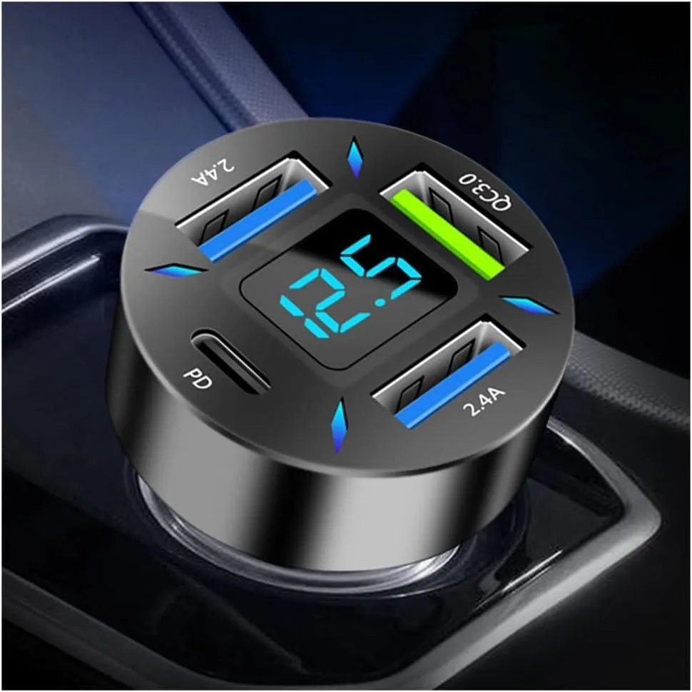 Hamzan Hamzan Car Charger 66W PD QC 3.0 4 Port Voltmeter LED Black — product photo