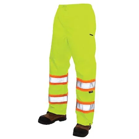 High-visibility green-yellow rain pants, rip-stop polyester, snap ankles, drawstring waist