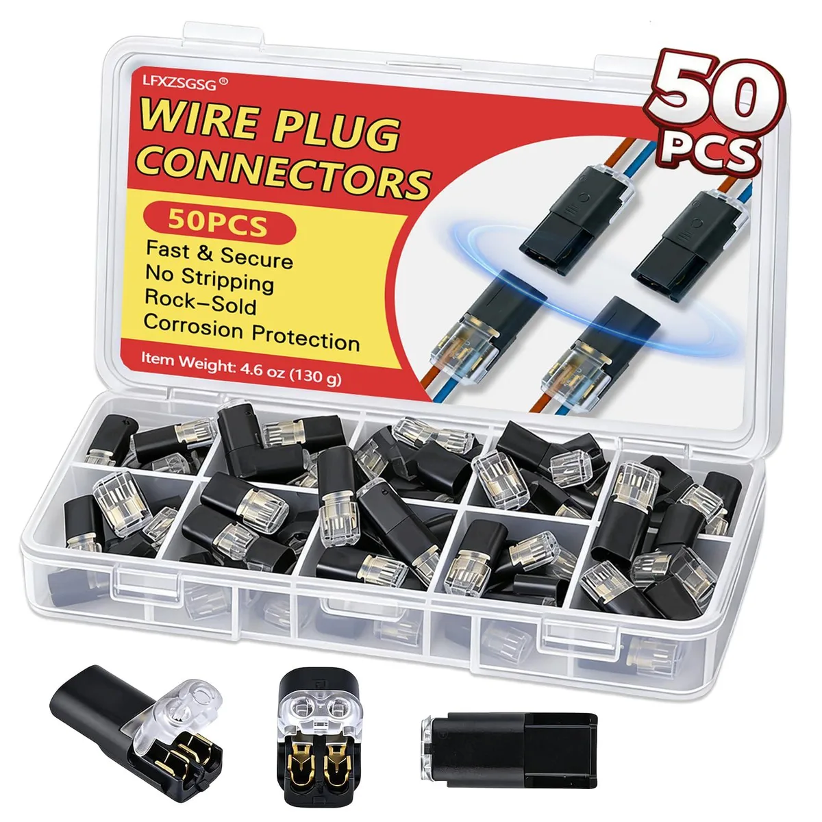 Pack of fifty black lever wire connectors on white background