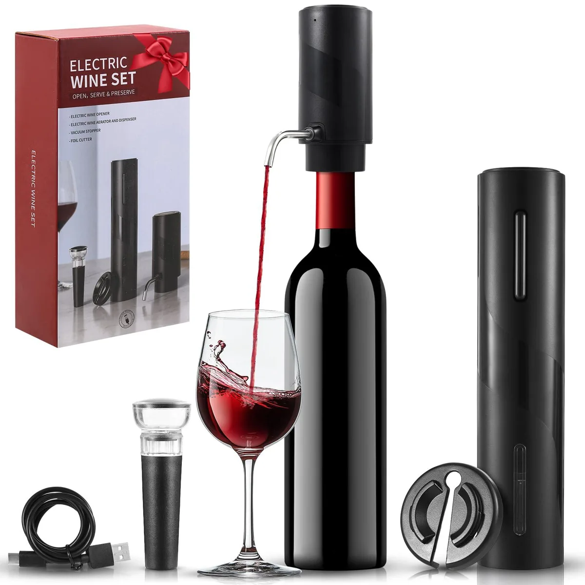 A sleek stainless steel wine gift box holding an electric opener, aerator, foil cutter and vacuum stoppers