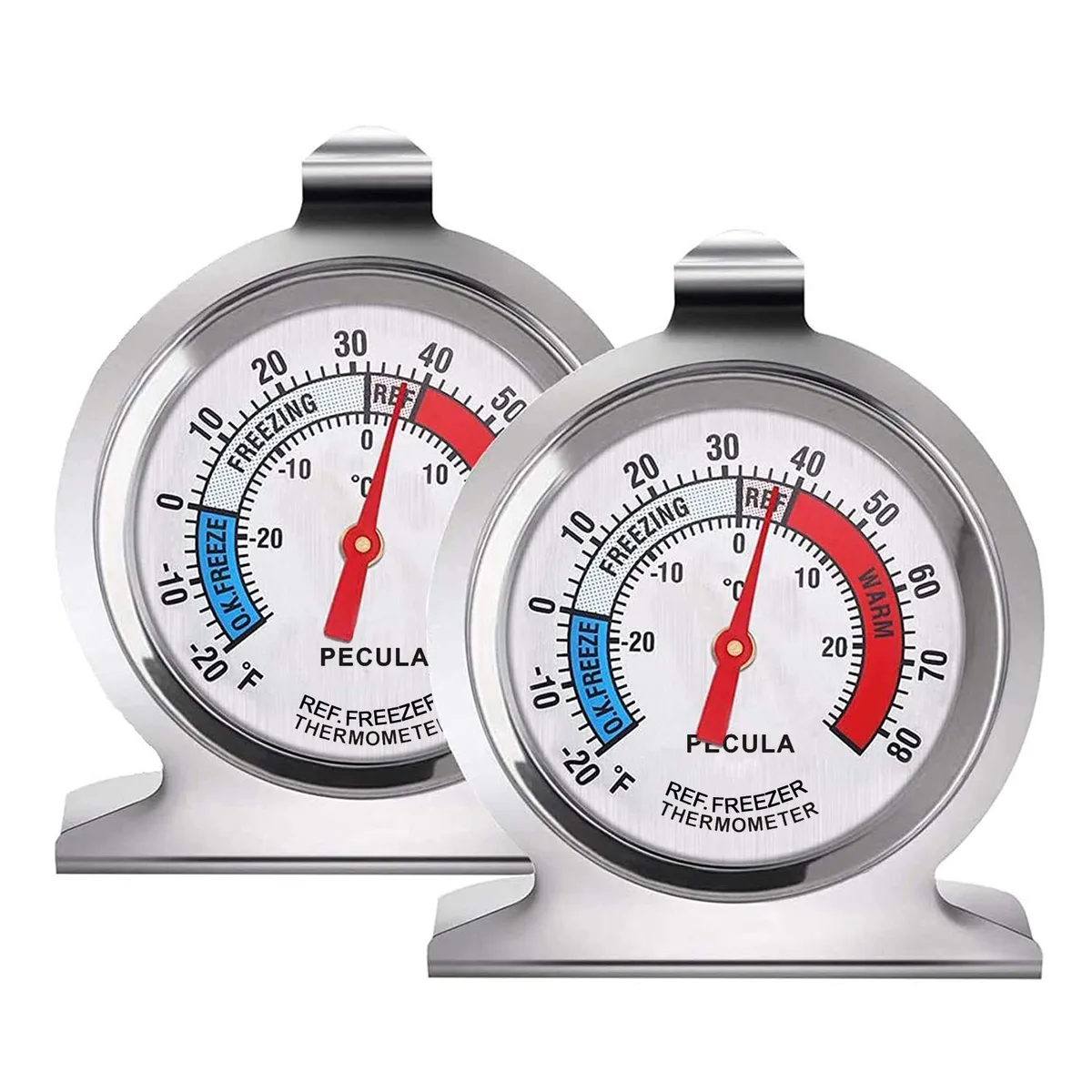 Two stainless steel fridge thermometers with large dials showing blue and red zones, hook and stand design