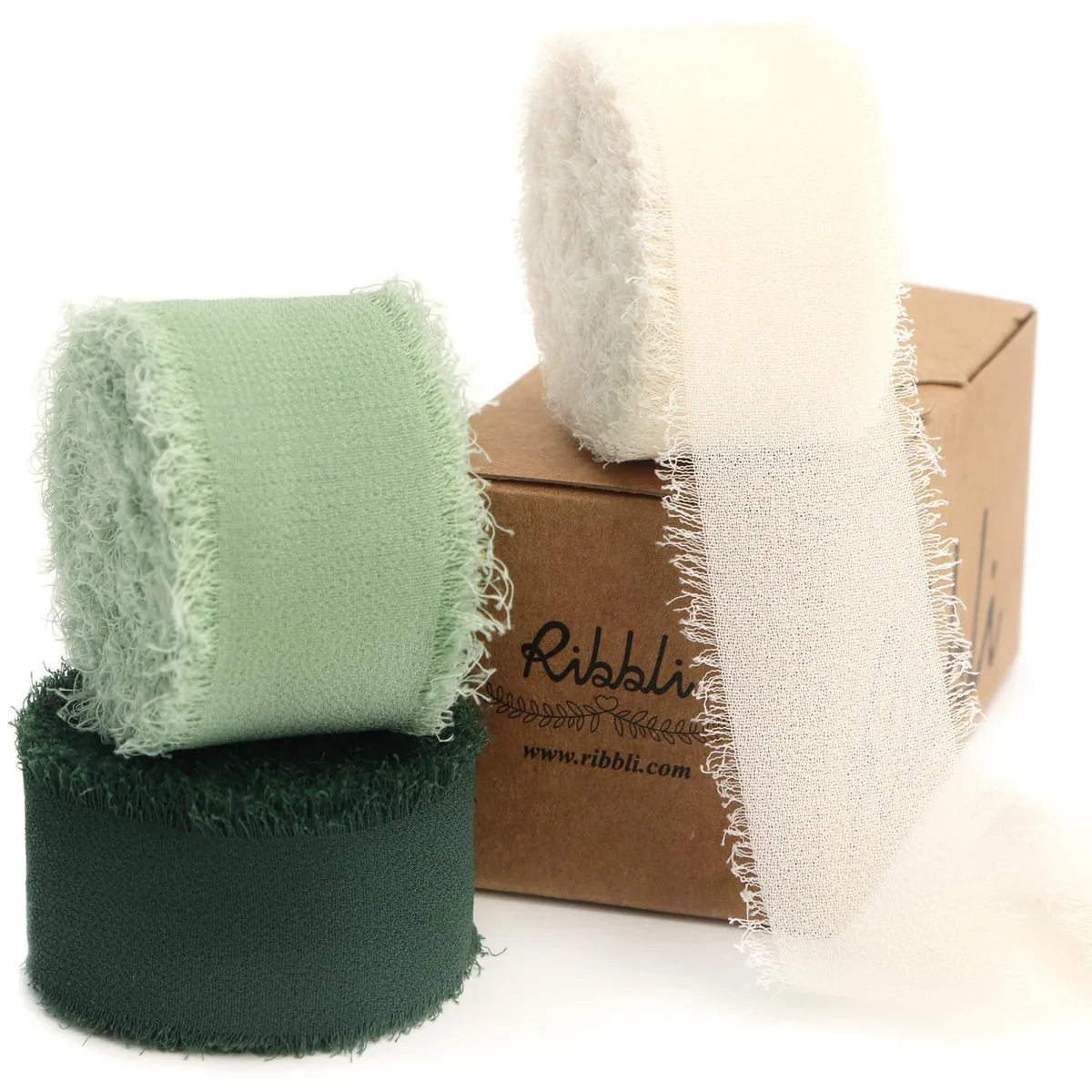  Ribbli Green Ribbon 1 Inch 3 Rolls 24 Yards Ivory Sage Forest Green Handmade Fringe Chiffon Silk Ribbon — product photo
