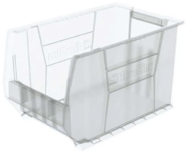 Clear rectangular storage bin with label area on front