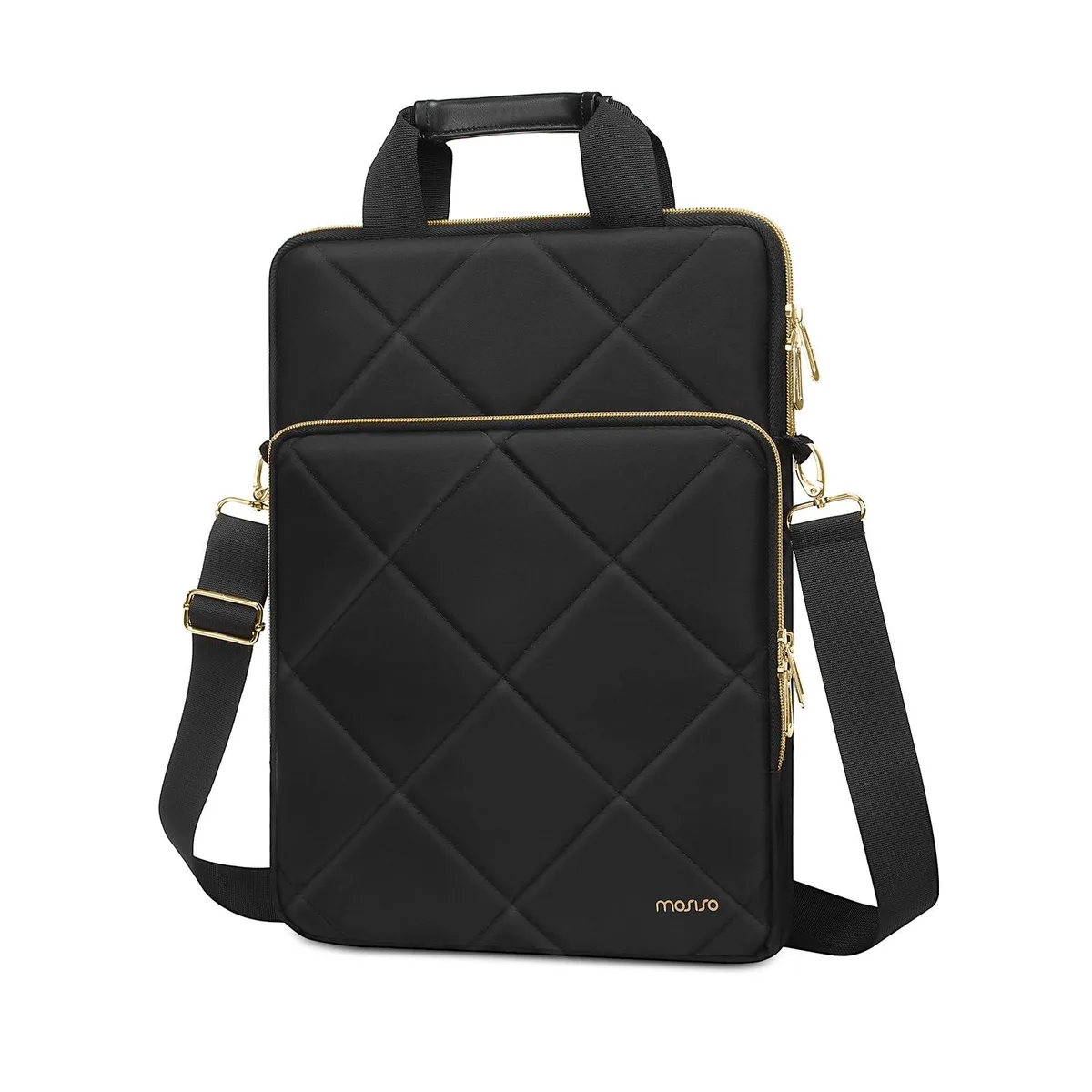 Black vertical laptop shoulder bag with rhombus quilted finish, top zipper, front pocket, trolley sleeve, dual handles