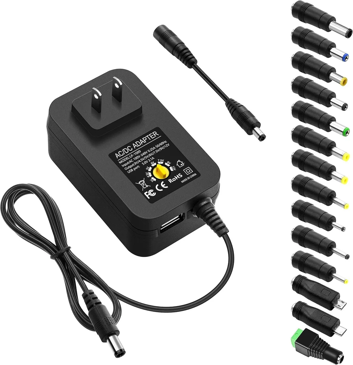 BASEUS BASEUS 30W Universal AC Adapter 100-240V 3V-12V 2.5A 14 Tips USB 5V 2.1A 4.9FT Cord — product photo