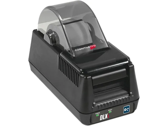 Compact grey desktop label printer with front media window and control panel