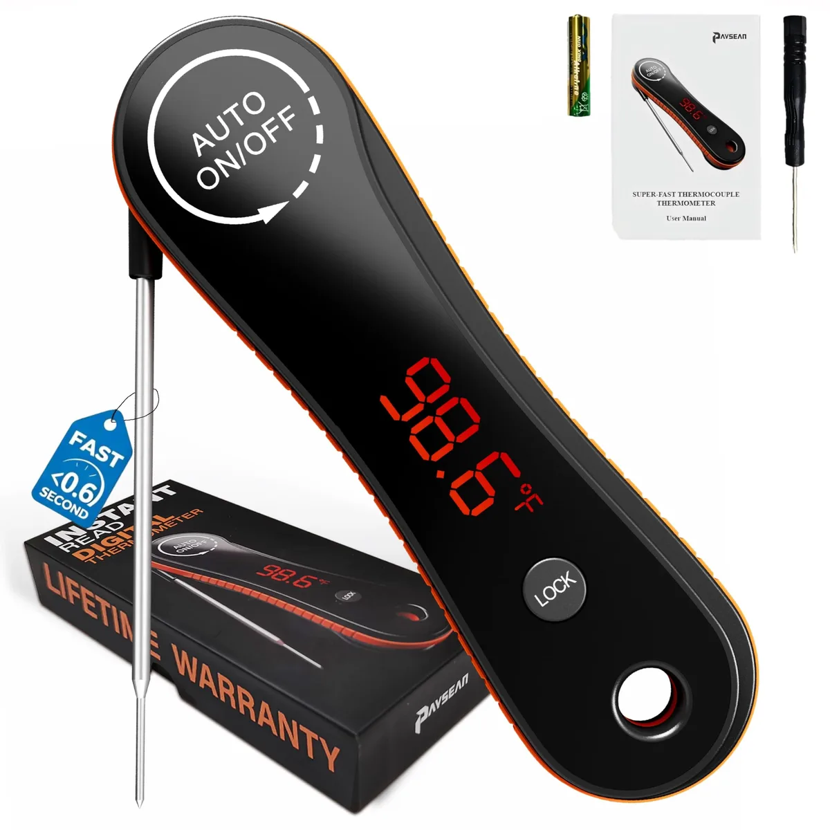 Orange and black instant-read thermometer with foldable probe and magnetic back