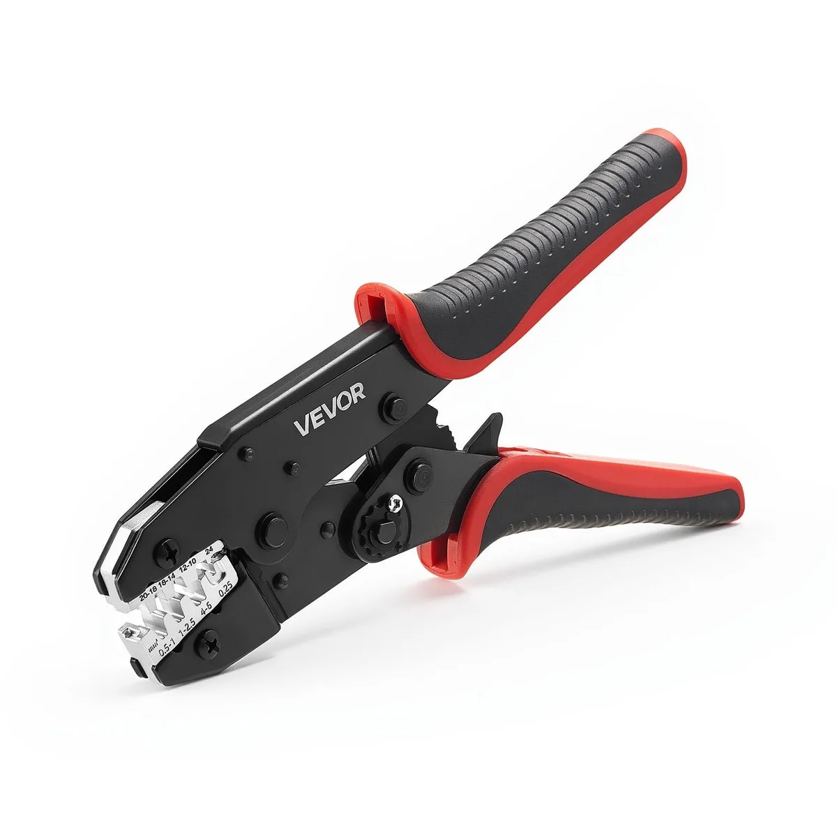 Red ratcheting crimping tool with ergonomic handles and marked jaw slots