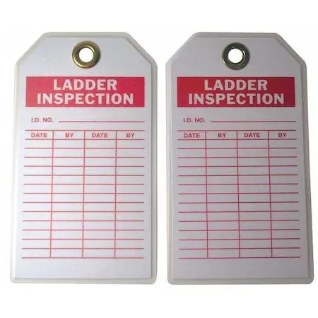 White laminated polyester ladder inspection tags with metal reinforced holes, cable tie fasteners, ten pack