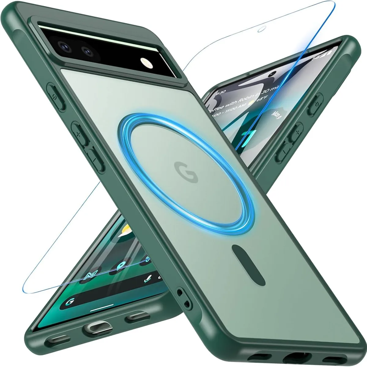 Green translucent matte magnetic case for Pixel 6a with screen protector