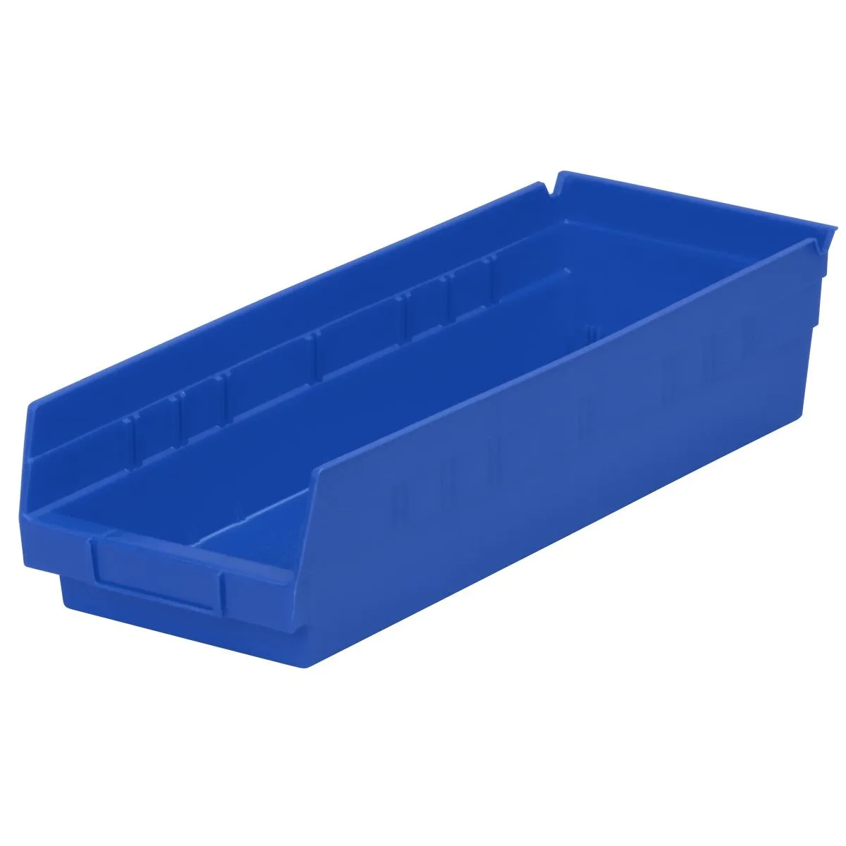 Blue industrial polymer shelf bin, nestable hangable design, molded label area, 17-7/8 x 6-5/8 x 4 inches