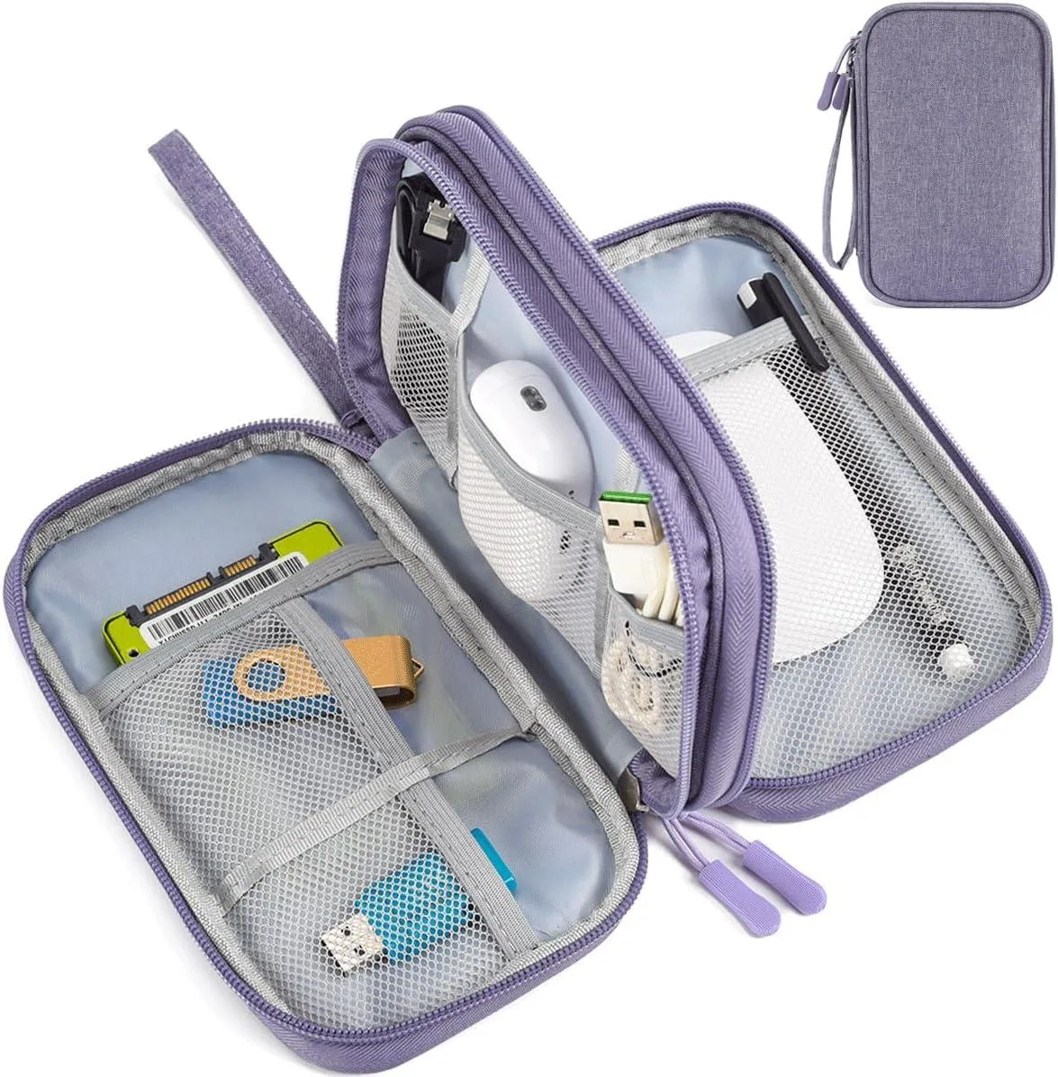 Purple double-layer travel organiser bag with zipper and shoulder strap