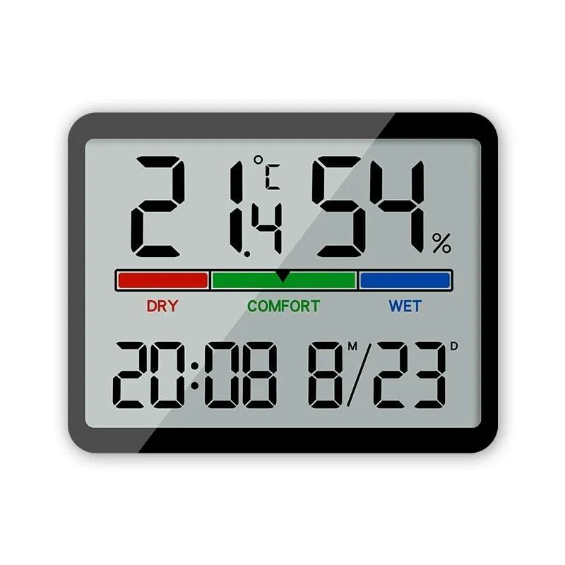 Black rectangular digital hygrometer clock with stand, magnetic back and wall hole