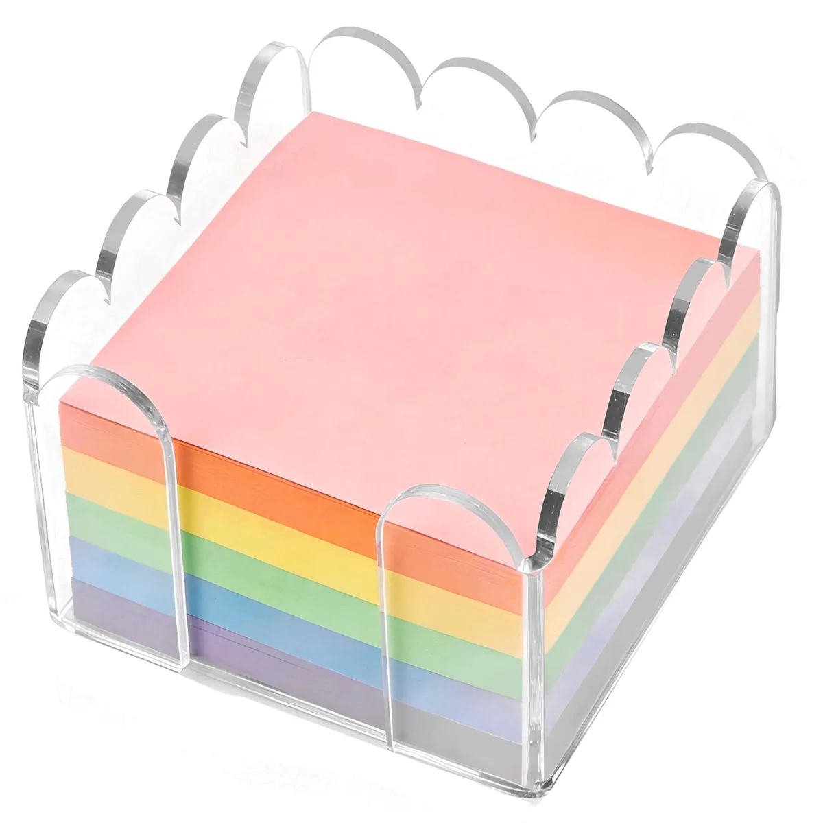 Clear acrylic sticky-note holder with scalloped edges and rounded corners